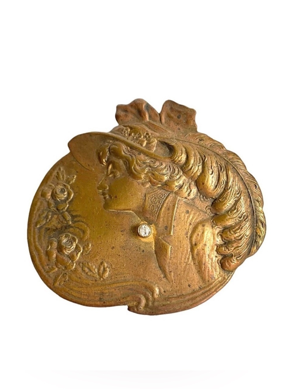 Art Nouveau Bronze Tone Brooch Female Profile Cameo Style Pin Large Estate Piece